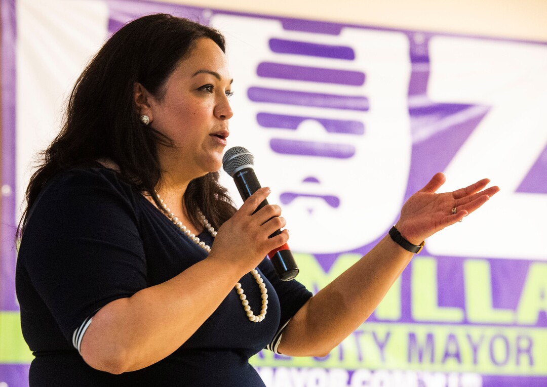 (Rick Egan  |  The Salt Lake Tribune)     Luz Escamilla says a few words to supporters at the end fate ending at her campaign watch party at the Utah State Fairgrounds, Tuesday, Aug. 13, 2019.