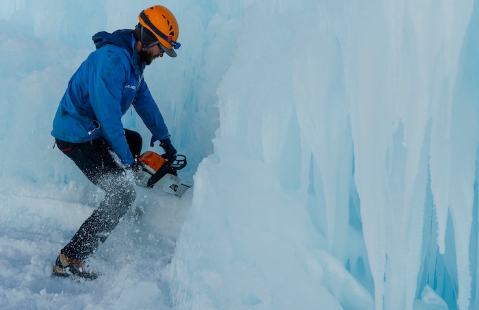 Leah Hogsten | The Salt Lake Tribune A crew of 50 work on the installation, Friday, Jan. 4, 2019. The idea started with a backyard castle in Alpine followed by an ice castle in downtown Midway in 2009. Ice Castles is open for the winter Saturday, Jan. 5, at Homestead Resort. This is the ninth season the popular frozen art installation is drawing visitors to walk around the giant LED-lit icicle formations.