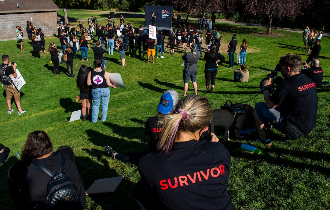 (Rick Egan  |  The Salt Lake Tribune)    Paris Hilton speaks to survivors during a rally and march to continue her calls for the closure of Provo Canyon School, a residential treatment center in Utah she attended when she was a teenFriday, Oct. 9, 2020.