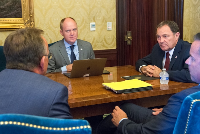 (Rick Egan  |  The Salt Lake Tribune)      Justin Harding, chief of staff for Gov. Herbert, sits in a meeting with Gov. Herbert,  Sen. Stuart Adams and Rep. Brad Wilson, at the governor's office, Tuesday, July 17, 2018.


