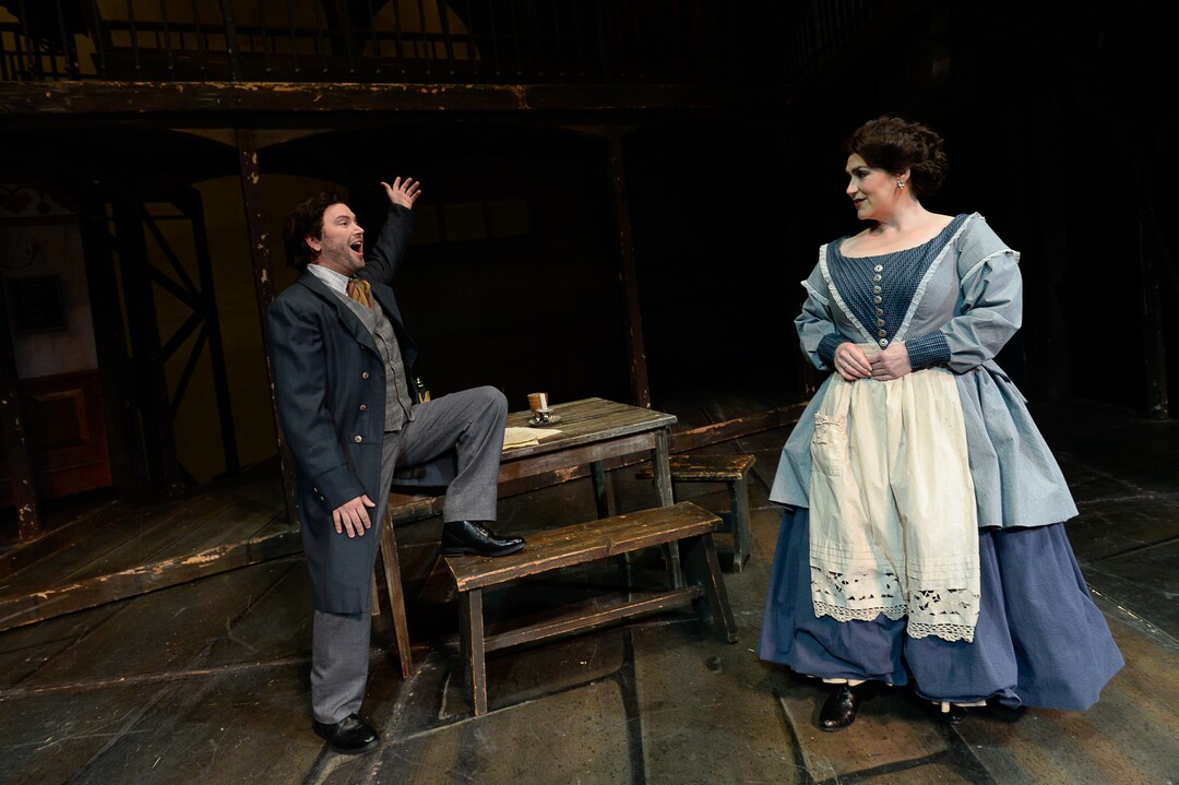 (Francisco Kjolseth  |  The Salt Lake Tribune)  Utah Opera's season opener, "La bohème," Puccini's popular tearjerker about starving artists in turn-of-the-century Paris, opens for five shows on Oct. 7, 2017. On set were: Jennifer Black (Mimì) and Scott Quinn (Rodolfo), acting out various scenes.