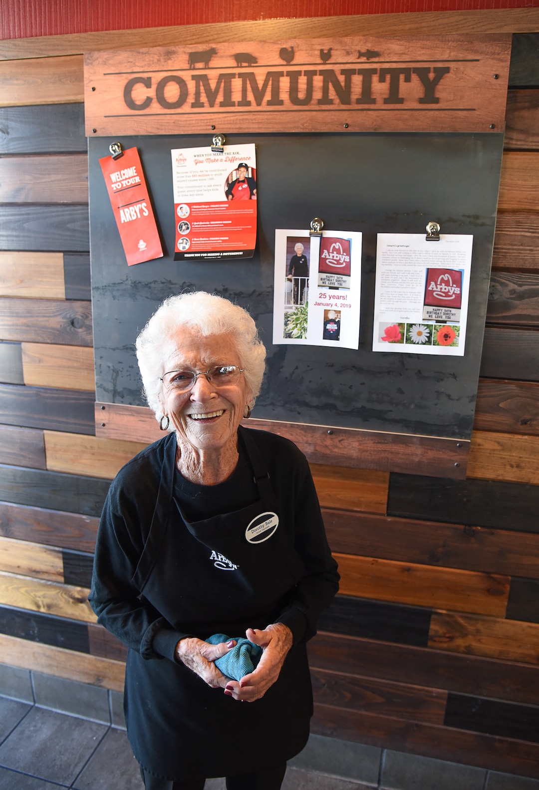 (Francisco Kjolseth  |  The Salt Lake Tribune)  After 25 years at Arby's, 94-year-old Dorothy Bale has no plans to retire from the job she started when she was 69. Working at the same location at 2284 E. 3900 South in Salt Lake, the community board celebrates her time served where she has worked under 21 managers over the years.  