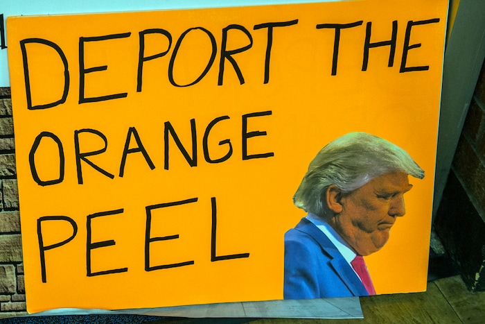Chris Detrick  |  The Salt Lake Tribune
Signs that are too big to be brought into the auditorium are left in the lobby before the town-hall meeting with U.S. Rep. Jason Chaffetz, R-Utah, in Brighton High School Thursday February 9, 2017. 