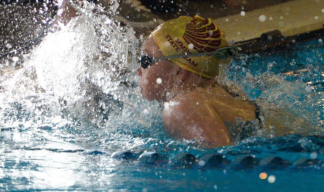 (Leah Hogsten  |  The Salt Lake Tribune)  Maple Mountain's Makayla Cazier swims a 5:02.45 in the 500 yard freestyle at the Class 5A State Championships in Bountiful, Saturday, February 10, 2018. 