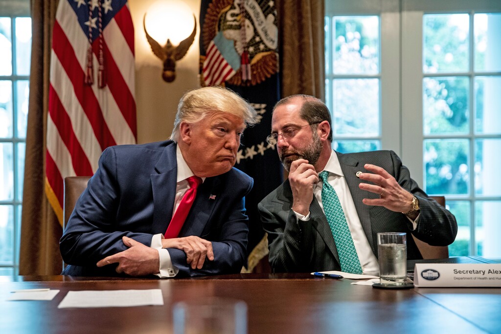 President Donald Trump listens to Secretary of Health and Human Services Alex Azar during a meeting with members of the coronavirus task force and pharmaceutical executives, at the White House in Washington, Monday, March 2, 2020. "Will a nationalist president be undone by his underreaction to a foreign threat," writes Ross Douthat. (Anna Moneymaker/The New York Times)
