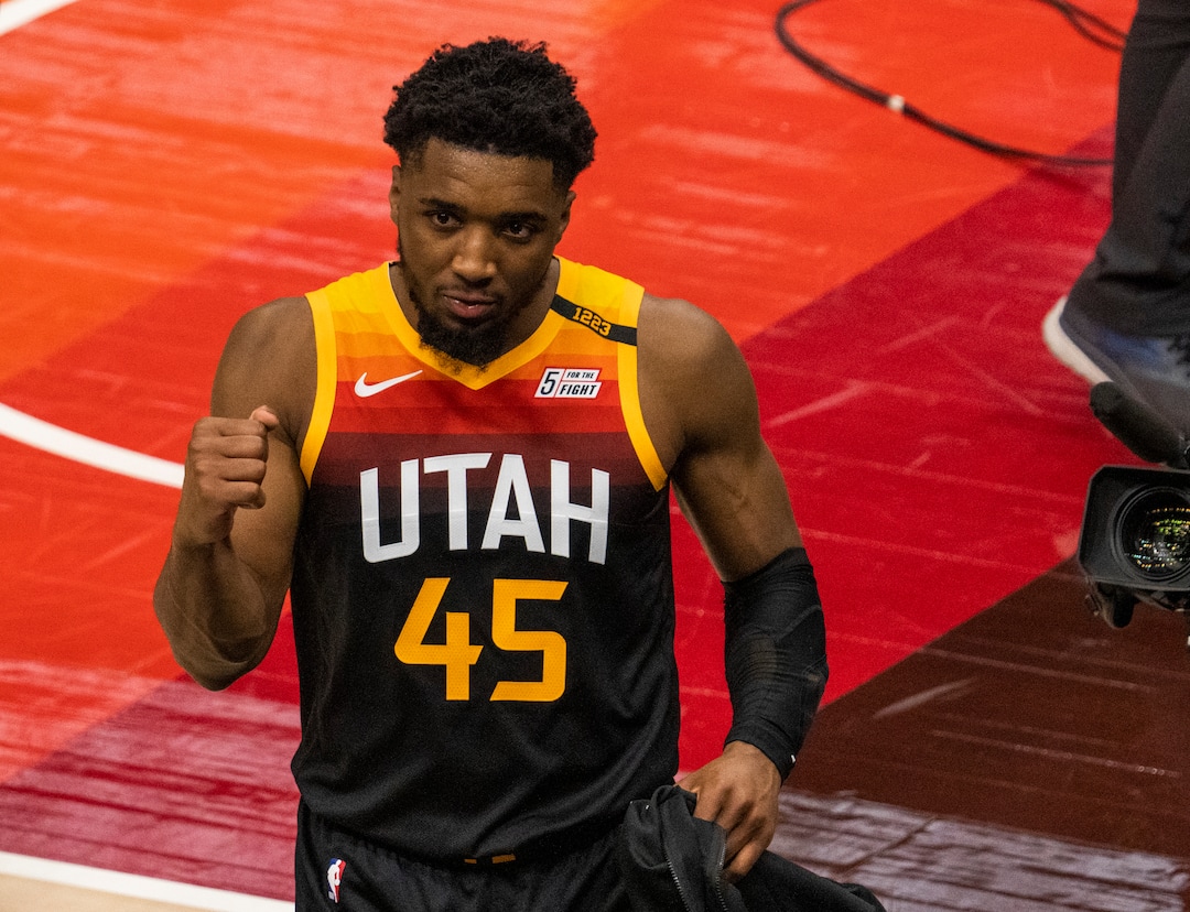 (Rick Egan | The Salt Lake Tribune) Utah Jazz guard Donovan Mitchell (45) pumps his fist as he walks to the locker room, after the Jazz defeated the Memphis Grizzlies 141-129, in game 2 of the NBA Playoffs at Vivint Arena, on Wednesday, May 26, 2021.