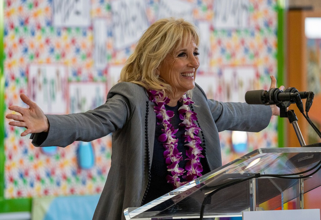 (Rick Egan | The Salt Lake Tribune) First lady Jill Biden speaks to faculty and guests at Glendale Middle School, on Wednesday, May 5, 2021.