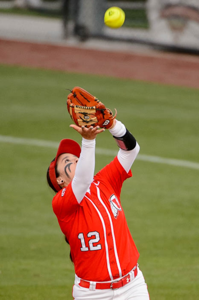 (Trent Nelson | The Salt Lake Tribune)  Utah Utes host the BYU Cougars, NCAA softball in Salt Lake City, Wednesday April 18, 2018. Utah infielder Breonna Castaneda (12).