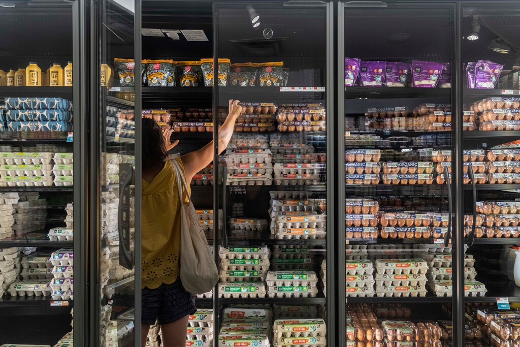 (Hiroko Masuike | The New York Times)

A shopper grabs eggs at a grocery store in New York, July 13, 2022.