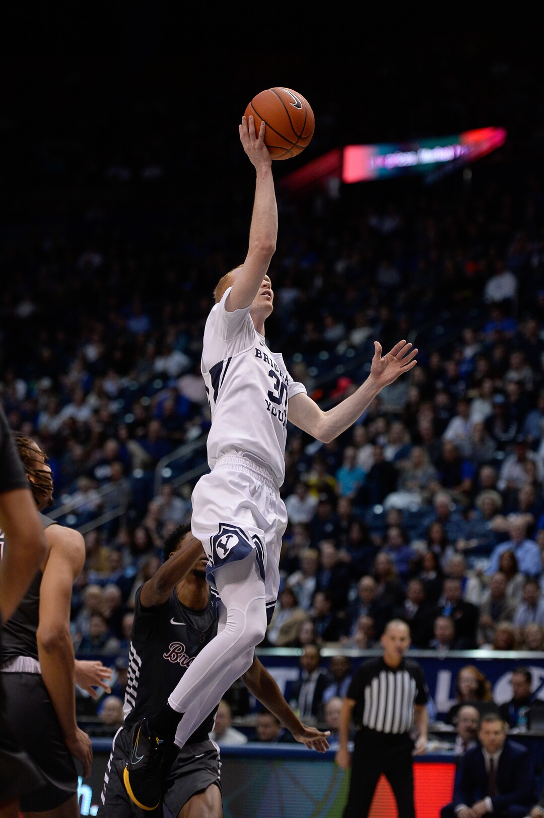 (Francisco Kjolseth  |  The Salt Lake Tribune) Brigham Young Cougars guard TJ Haws (30) sails one in during the first half as the Brigham Young Cougars host the Santa Clara Broncos at the Marriott Center in Provo, Thursday, Feb. 20, 2020.