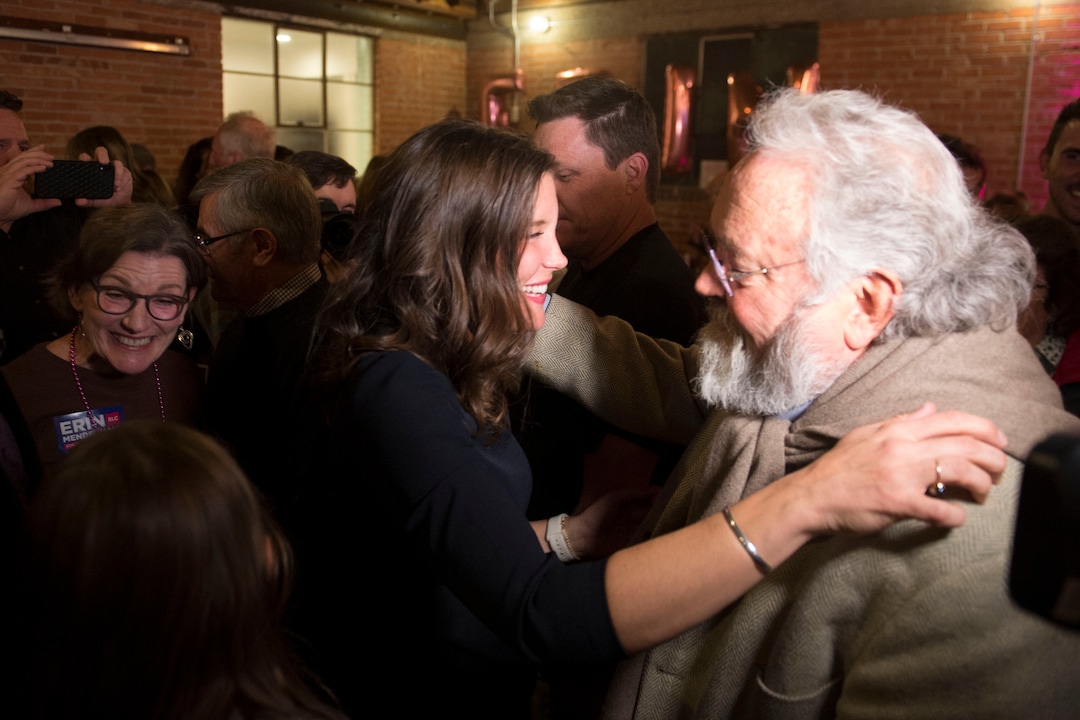(Jeremy Harmon  |  The Salt Lake Tribune) Salt Lake City mayoral candidate Erin Mendenhall hugs supporter Pat Shea on election night Tuesday, November 5, 2019.