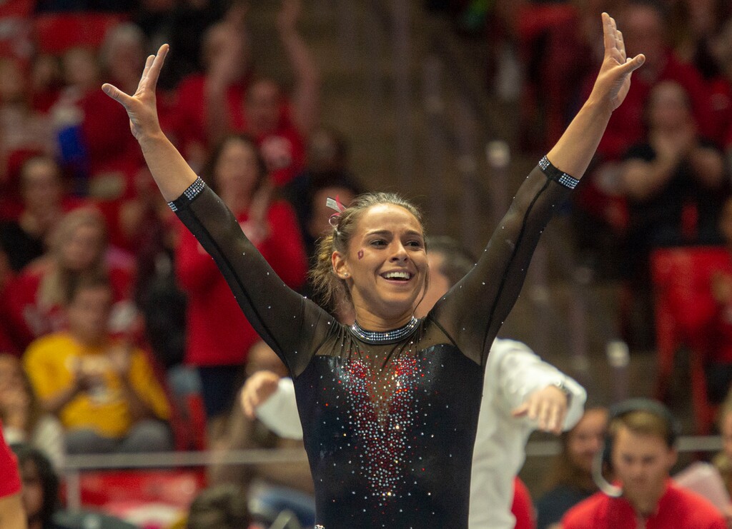 (Rick Egan  |  The Salt Lake Tribune)  Macey Roberts competes on the floor for the Utes, in PAC-12 gymnastics action between the UCLA Bruins and the University of Utah, at the Jon M. Huntsman Center, Saturday, Feb. 23, 2019.