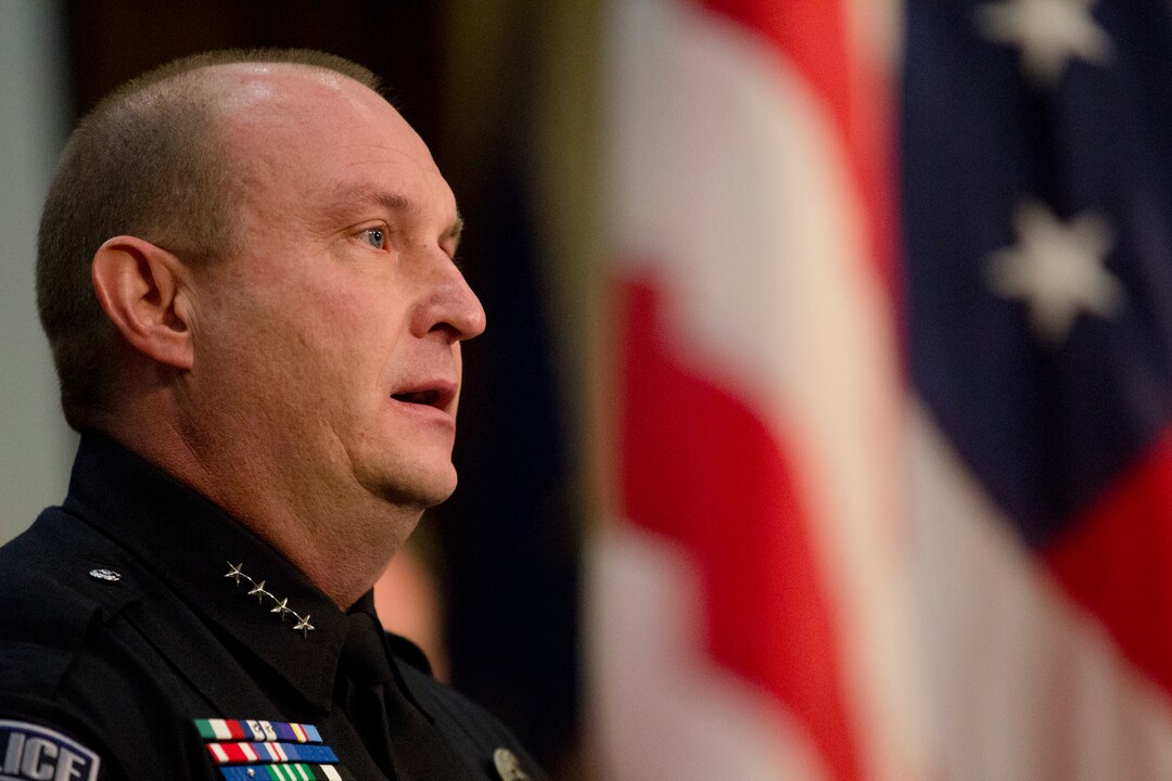 Orem Police Chief Gary Giles speaks speaks during a news conference to announce that Provo Police Officer Joseph Shinners was killed in the line of duty the night before, at the Provo City Center building Sunday, Jan. 6, 2019, in Provo, Utah. Shinners, who was shot and killed while trying to apprehend a fugitive, was a three-year veteran of the force who managed to shoot back and strike the suspect at least once after he was hit by gunfire. (Evan Cobb/The Daily Herald via AP)