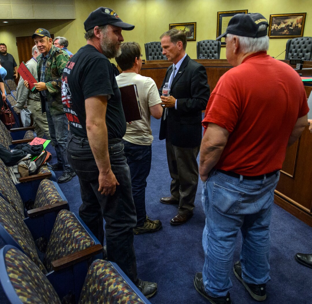 (Steve Griffin  |  The Salt Lake Tribune) Rep. Chris Stewart, R-Utah, talks with audience members following his town hall meeting at the West Valley City Hall in West Valley City Wednesday May 2, 2018.