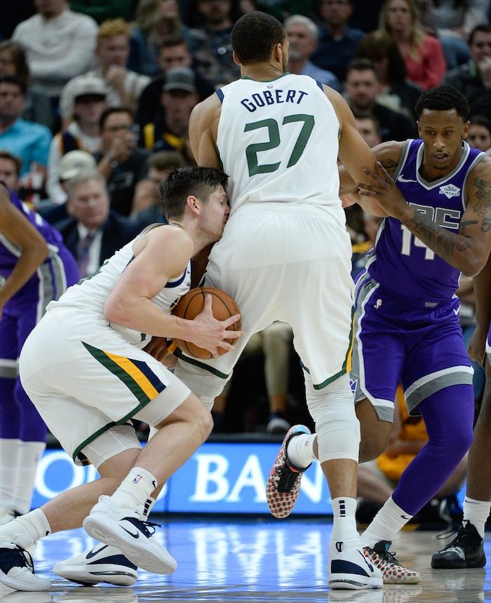 (Francisco Kjolseth  |  The Salt Lake Tribune)  Utah Jazz guard Grayson Allen (24) runs into Utah Jazz center Rudy Gobert (27) as the Utah Jazz host the Sacramento Kings in their NBA game at Vivint Smart Home Arena Friday, April 5, 2019, in Salt Lake City.