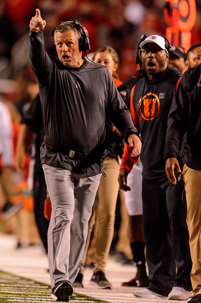 (Trent Nelson | The Salt Lake Tribune) Utah Utes head coach Kyle Whittingham reacts to a call after a punt as the Utah Utes host the San Jose State Spartans, NCAA football at Rice-Eccles Stadium in Salt Lake City, Saturday September 16, 2017.