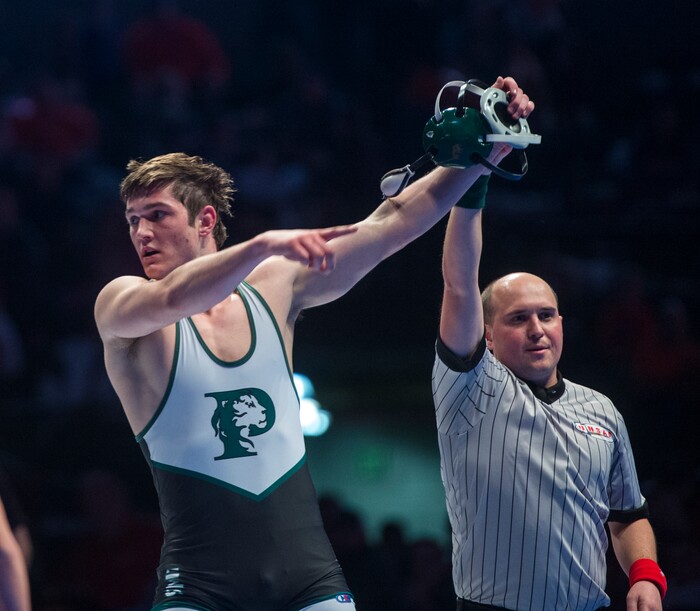 (Rick Egan  |  The Salt Lake Tribune)   182 Wyatt Monroe (Payson) defeats Jace Gunnell (Mountain Crest) (Fall 2:58) in the 4A State Wrestling at UVU in Orem, Saturday, February 10, 2018.