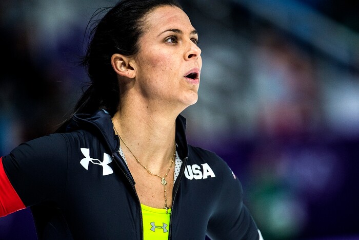 (Chris Detrick  |  The Salt Lake Tribune)  USA's Brittany Bowe reacts after racing Netherlands' Jorien Ter Mors in the Ladies' 1,000m during the Pyeongchang 2018 Winter Olympics Wednesday, Feb. 14, 2018.  Bowe finished in 4th place with a time of 1:14.36.
