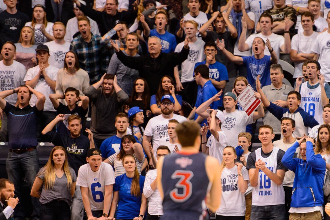 (Trent Nelson | The Salt Lake Tribune)   BYU fans react to a foul called in overtime as BYU hosts the St. Mary's Gaels, NCAA basketball in Provo, Saturday December 30, 2017.