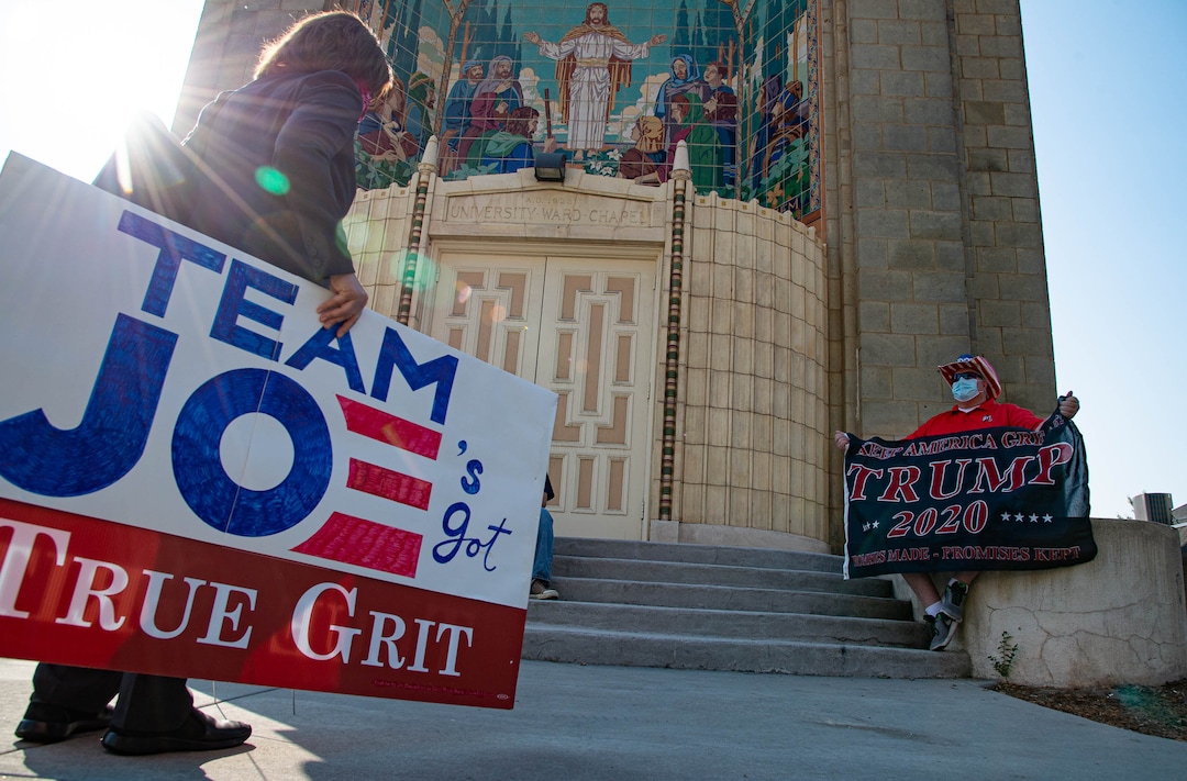 (Francisco Kjolseth  |  The Salt Lake Tribune) Supporters of President Donald Trump and former Vice President Joe Biden rally outside of Kingsbury Hall on the University of Utah campus in Salt Lake City on Wednesday, Oct. 7, 2020, before the vice presidential debate.