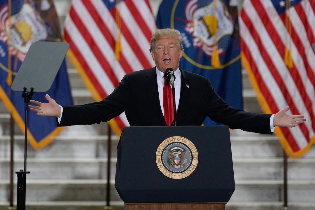 (Francisco Kjolseth  |  The Salt Lake Tribune)  U.S. President Donald Trump takes the stage at the Utah Capitol on Monday, Dec. 4, 2017, to sign a presidential proclamation to shrink Bears Ears and Grand Staircase-Escalante national monuments.