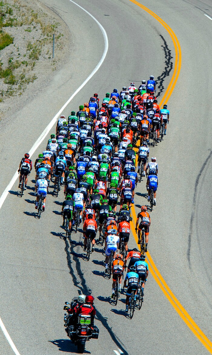 Steve Griffin  |  The Salt Lake TribuneThe peloton heads back up Logan Canyon during Stage 1 of the Tour of Utah bicycle race Monday July 31, 2017. Racers started in Logan and rode around Bear Lake before heading back to Logan for the finish.