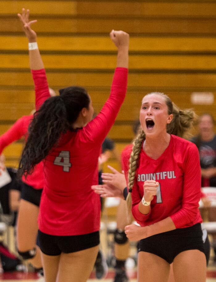 (Rick Egan  |  The Salt Lake Tribune) Bountiful celebrates the final score, in their  come from behind win over Skyridge, after losing the first two games, at Bountiful High, Wednesday, September 6, 2017.