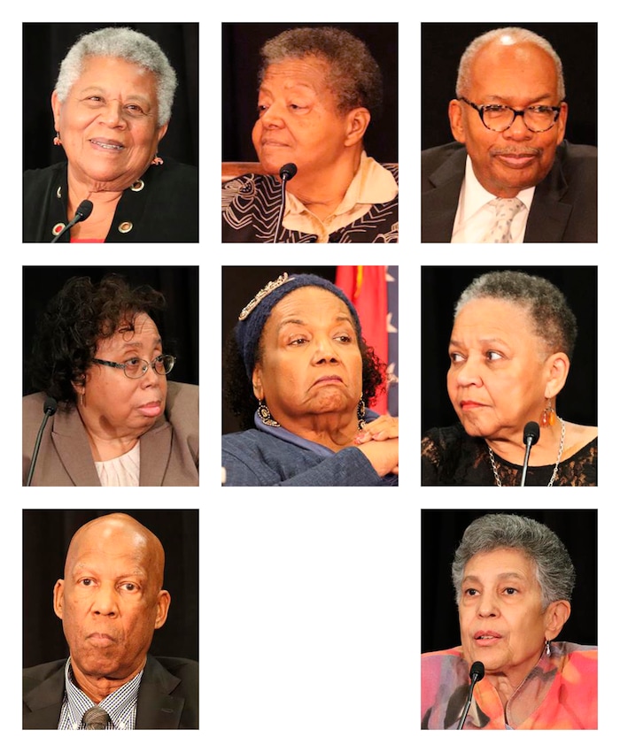 This combination of Friday, Sept. 22, 2017 photos shows eight of the Little Rock Nine, the black teenagers who had to be escorted by federal troops past an angry white mob and through the doors of Central High School in Little Rock, Ark., on Sept. 25, 1957. Top row from left are Minnijean Brown Trickey, Elizabeth Eckford and Ernest Green; middle row, Thelma Mothershed Wair, Melba Pattillo Beals and Gloria Ray Karlmark; bottom row, Terrence Roberts and Carlotta Walls LaNier. (AP Photos/Kelly Kissel)