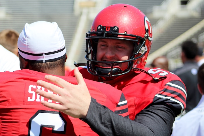 (Christopher Kamrani | The Salt Lake Tribune) Utah kicker Matt Gay is congratulated by running back Armand Shyne after Gay drilled a game-winning 57-yard field goal to win Utah's Red-White game Saturday afternoon at Rice-Eccles Stadium.