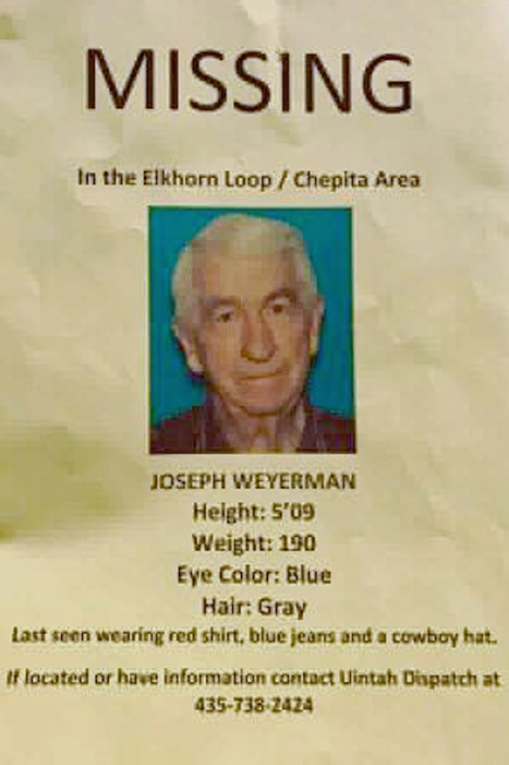 (Photo courtesy of Duchesne County Sheriff's Office)  Police are searching for Joseph Weyerman, an elderly man from Vernal who was reported missing after he didn't return from a two-week camping trip.