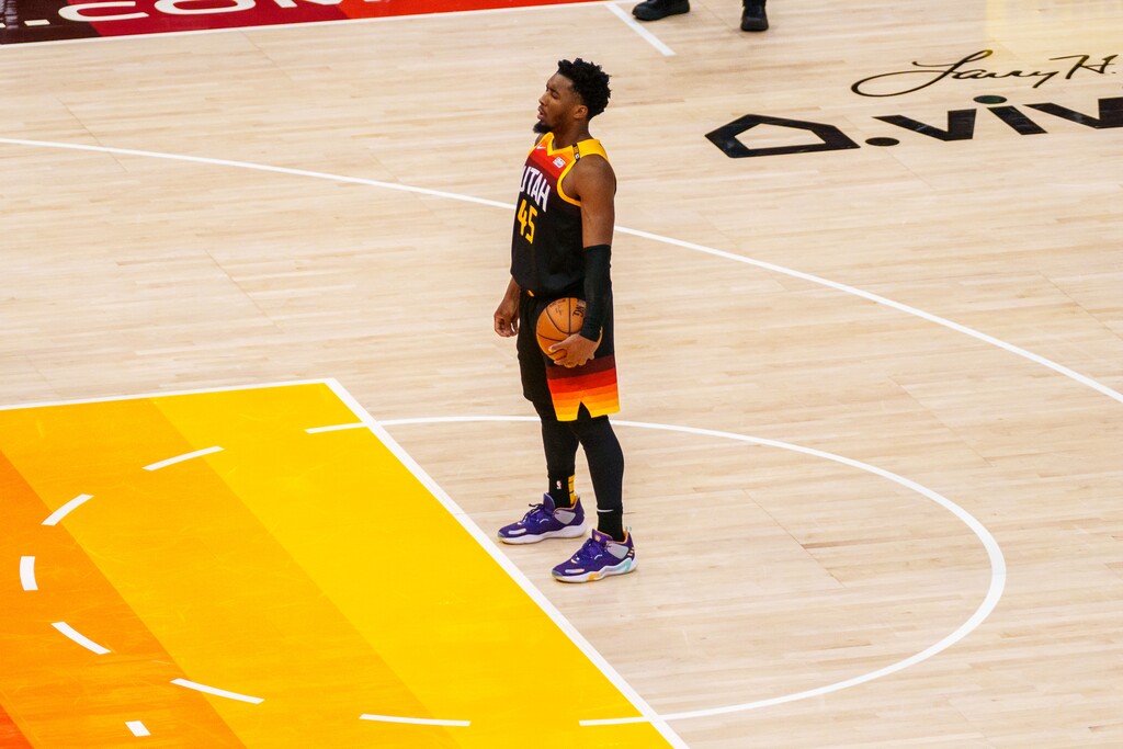 (Trent Nelson  |  The Salt Lake Tribune) Utah Jazz guard Donovan Mitchell (45) as the Utah Jazz host the Los Angeles Clippers in a Game 5 matchup, NBA basketball in Salt Lake City on Wednesday, June 16, 2021.