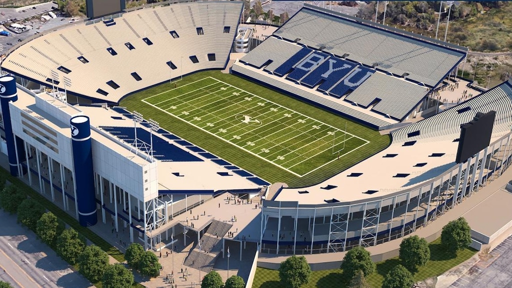 Photo courtesy of BYU Athletics | Rendering of LaVell Edwards Stadium improvements, featuring new structures and facilities that will connect all four corners of the stadium.