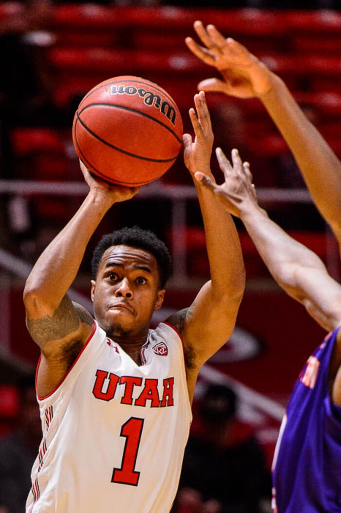 (Trent Nelson | The Salt Lake Tribune)  Utah Utes guard Justin Bibbins (1) shoots as the University of Utah hosts Northwestern State, NCAA basketball in Salt Lake City, Wednesday December 20, 2017.