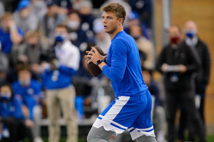 (Trent Nelson | The Salt Lake Tribune) BYU quarterback Zach Wilson works out for NFL scouts during BYU Pro Day, in Provo on Friday, March 26, 2021.