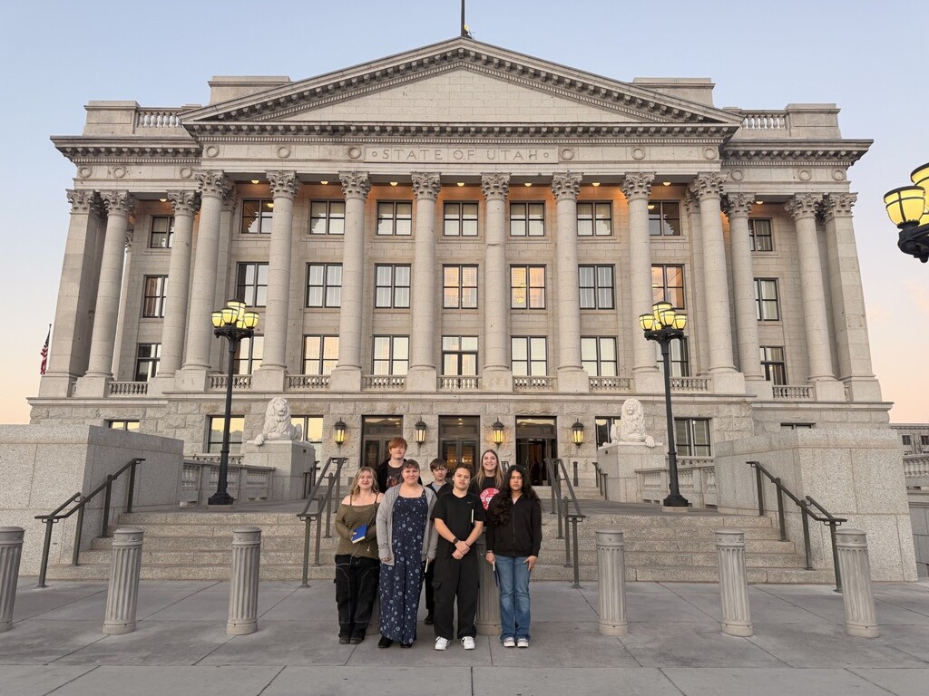 (Courtesy Asher Curtis) Students from Kearns High School pose in front of the Capitol in January 2026 after shadowing journalists with The Salt Lake Tribune.