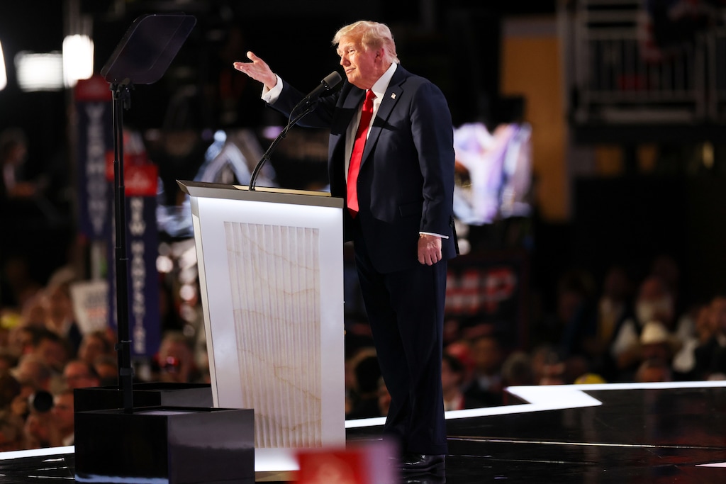 Former President Donald Trump, the Republican presidential nominee, speaks on the fourth and final night of the Republican National Convention at the Fiserv Forum in Milwaukee, on Thursday, July 18, 2024. (Maddie McGarvey/The New York Times)