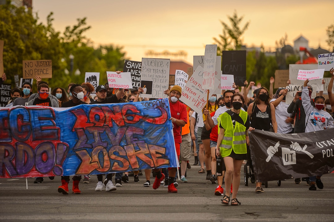 (Trent Nelson  |  The Salt Lake Tribune) People march against police brutality in Salt Lake City on Saturday, June 13, 2020.