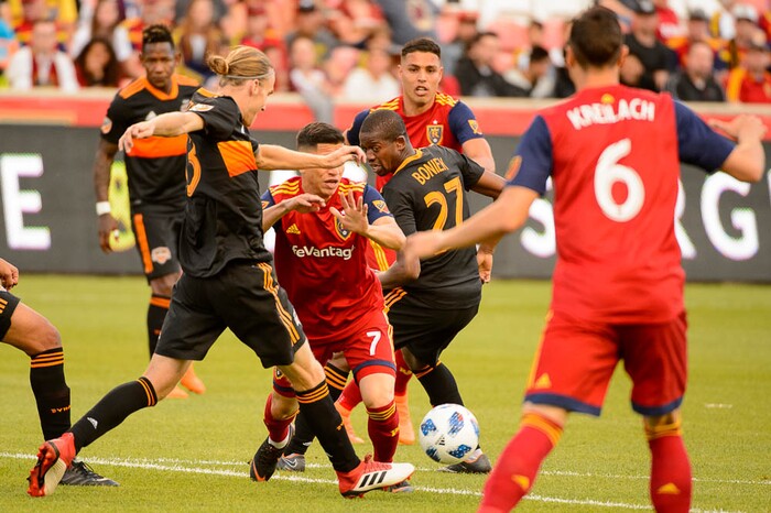 (Trent Nelson | The Salt Lake Tribune)  
Real Salt Lake forward Jefferson Savarino (7) is swarmed by defenders as Real Salt Lake hosts Houston Dynamo, MLS Soccer at Rio Tinto Stadium in Sandy, Utah, Wednesday May 30, 2018.