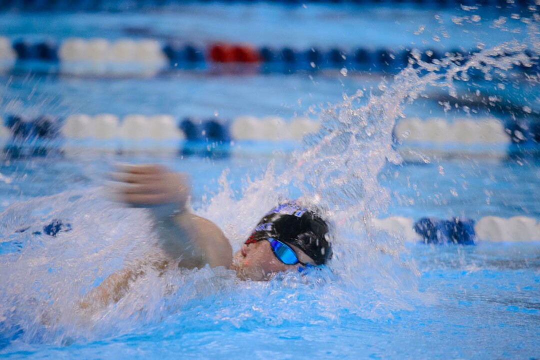 (Trent Nelson | The Salt Lake Tribune)  Pleasant Grove High School's Devin Bunnell wins the Men 200 Yard Freestyle at the high school swimming 6A State Championships in Bountiful, Thursday February 8, 2018.