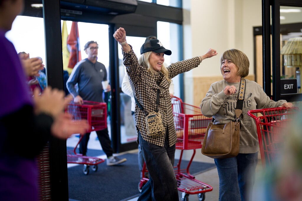 (Trent Nelson | The Salt Lake Tribune) The first group of customers at the opening of Trader Joe's in Riverdale on Friday, Oct. 24, 2025.