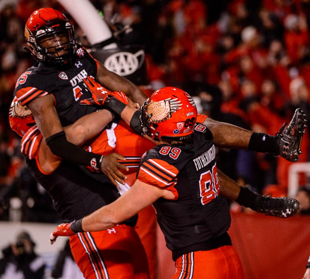(Trent Nelson | The Salt Lake Tribune)  Utah Utes quarterback Jason Shelley (15) celebrates a touchdown. Utah Utes host the Oregon Ducks, NCAA football at Rice-Eccles Stadium in Salt Lake City on Saturday Nov. 10, 2018.