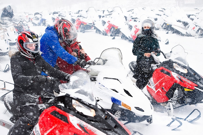 (Scott Sommerdorf   |  The Salt Lake Tribune)   
The Varvell family visiting from Connecticut rented snowmobiles at Daniel Summit Saturday, December 23, 2017. While the number of snowmobile licenses in Utah is declining, trail usage is up dramatically.  