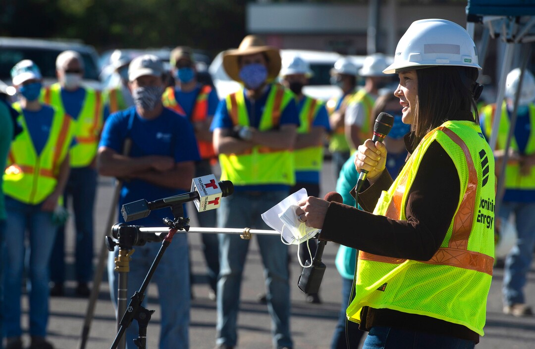 (Rick Egan  |  The Salt Lake Tribune)   Salt Lake City Mayor Erin Mendenhall says a few words to the volunteers from Dominion Energy to plant 205 trees in the Fairpark neighborhood, which is said to be single largest volunteer tree planting event in Salt Lake City, on Thursday, Oct. 1, 2020.