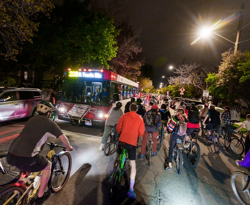 (Leah Hogsten | The Salt Lake Tribune)  Cyclists start their ride at 9th and 9th to tour the streets of Salt Lake City during the weekly 999 social ride, Thursday, May 5, 2022.