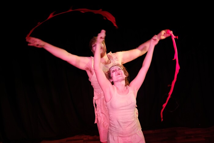 (Courtesy photo) Front to back, Emily Nash and Leviticus Brown perform in “Shockheaded Peter,” a macabre German musical crafted out of cautionary tales about the delightful, horrible consequences of children’s disobedience, which is the latest production by Sackerson theater company.