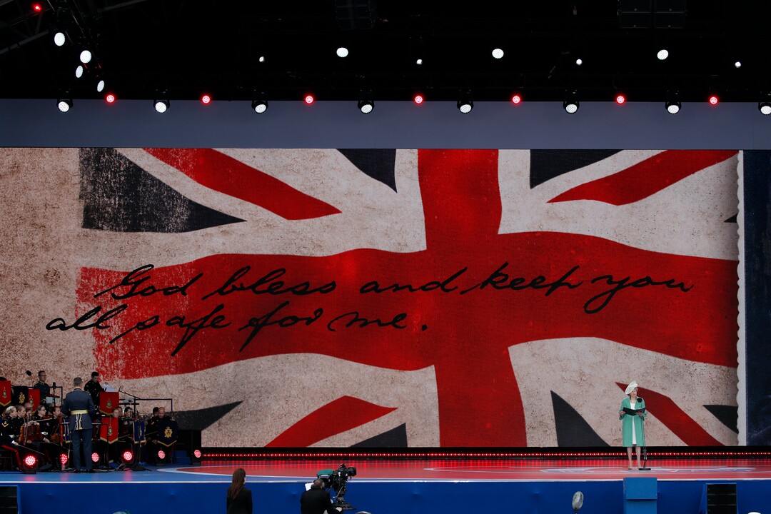 (Alex Brandon | AP) British Prime Minister Theresa May speaks on stage during an event to mark the 75th anniversary of D-Day in Portsmouth, England Wednesday, June 5, 2019. World leaders are gathering on the south coast of England to mark the 75th anniversary of the D-Day landings.
