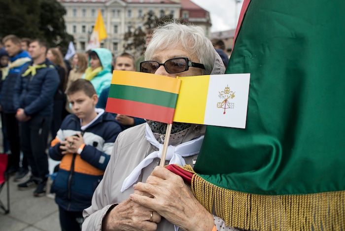 (Mindaugas Kulbis  |  AP Photo)  Faithful gather in Cathedral Square as they wait for the arrival of Pope Francis, in Vilnius, Lithuania, Saturday Sept. 22, 2018. Pope Francis begins a four-day visit to the Baltics amid renewed alarm about Moscow's intentions in the region it has twice occupied.