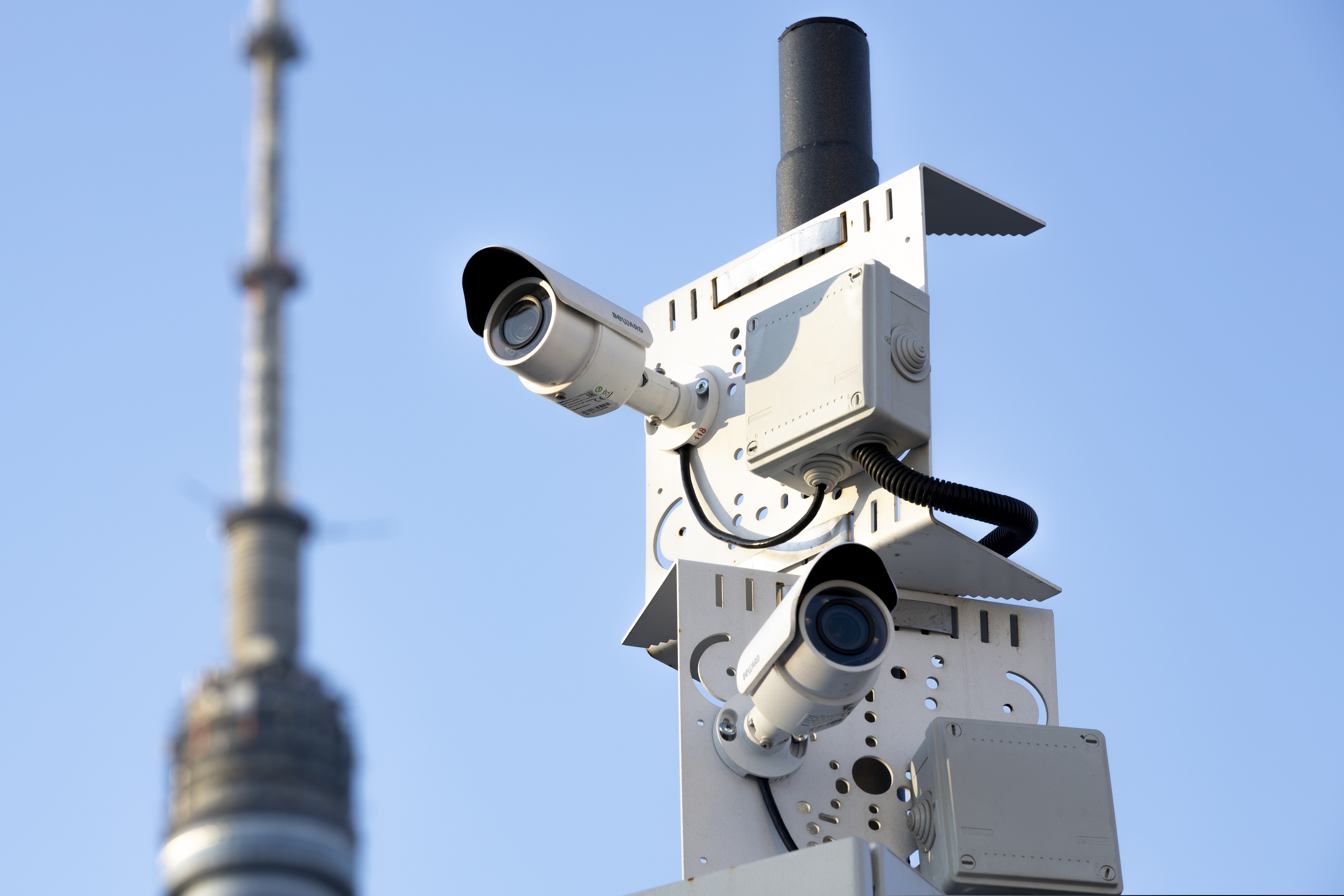 (Alexander Zemlianichenko | AP file photo) In this Feb. 22, 2020, file photo, two surveillance cameras are seen in a street in Moscow, Russia. Moscow's city officials announced a slew of policies aimed at tracking down the few Chinese nationals remaining in the city, including raids on hotels and the use of facial recognition technology to target people evading quarantine.