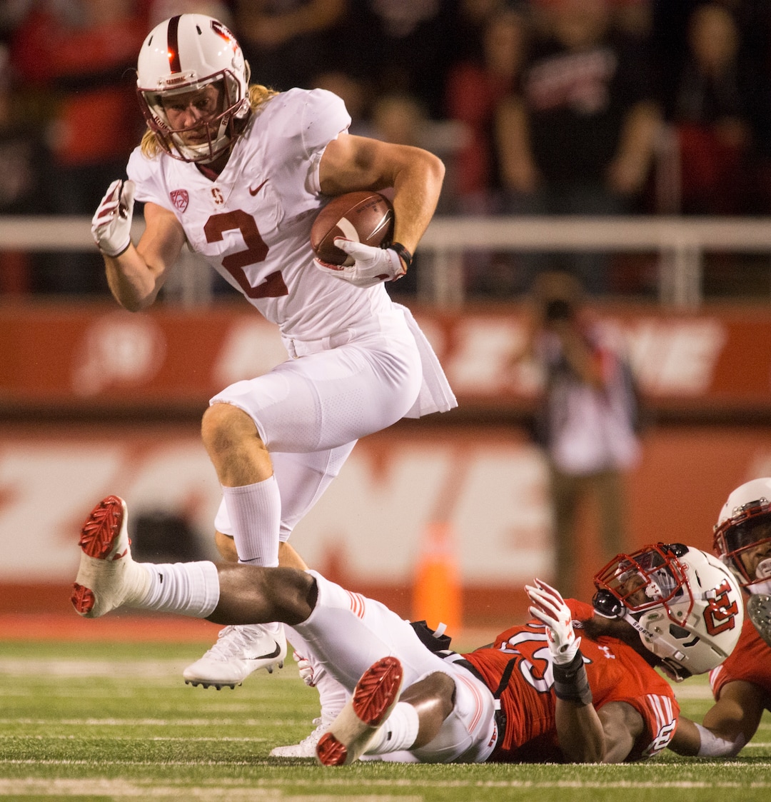 (Rick Egan  |  The Salt Lake Tribune)Utah Utes defensive back Casey Hughes (25) stops Stanford Cardinal wide receiver Trenton Irwin (2), in PAC-12 football action, Utah Utes vs. Stanford Cardinals, at Rice-Eccles Stadium, Saturday, October 7, 2017.