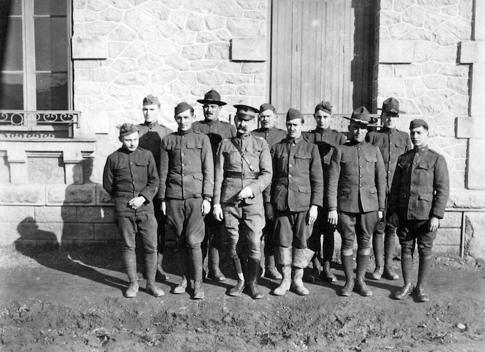 (photo courtesy Susan Leiber)  Sgt. Lawrence E. Leea, on the far right in the back row, is seen with his unit during WWI.